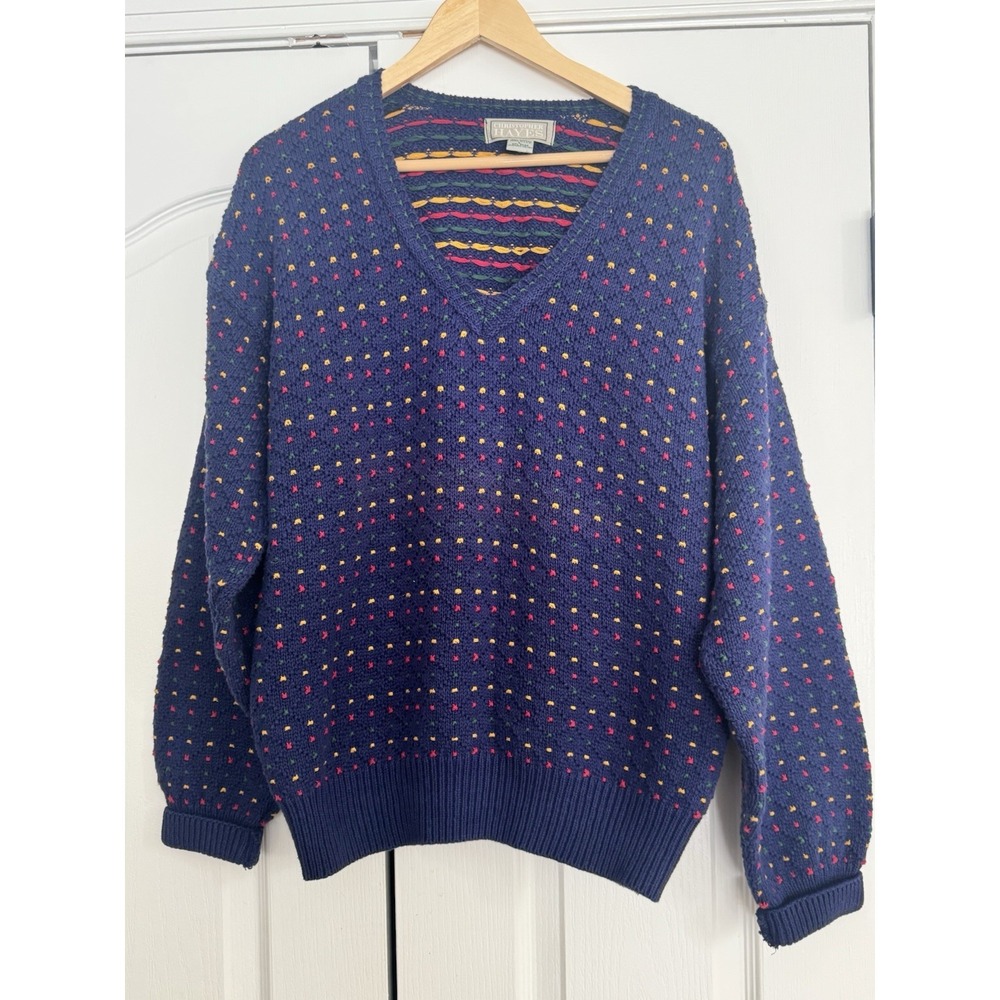 Retro Dotted Cotton  Navy Chunky Knit Crewneck Sweater Mens L USA Made Color Vtg